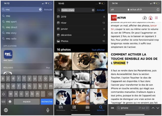 Les outils de recherche, de gauche à droite : d'applications depuis l'écran d'accueil, dans Photos, et sur Safari.