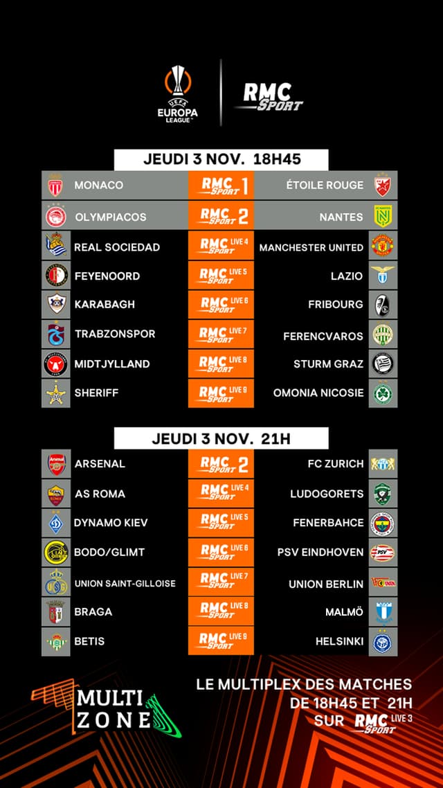 Le programme de la 6e journée de Ligue Europa sur RMC Sport.