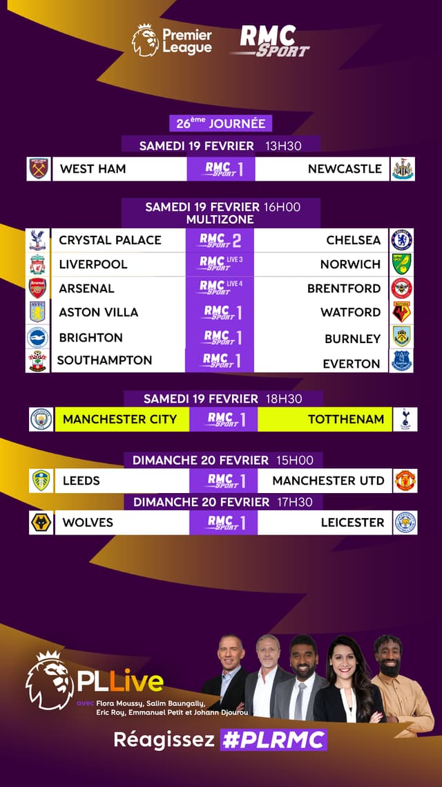 The program for the 26th day of the Premier League on RMC Sport