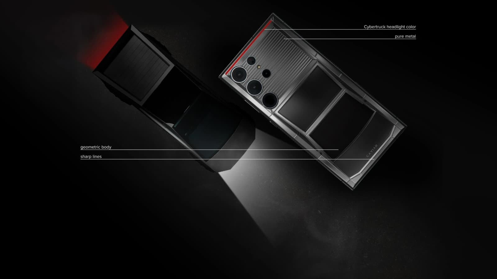 Le look du Samsung Galaxy S24 Ultra Cybertruck de Caviar s'inspire du pick-up de Tesla, vu de dessus. Le look du Samsung Galaxy S24 Ultra Cybertruck de Caviar s'inspire du pick-up de Tesla, vu de dessus.