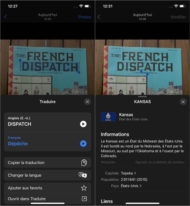 Live Text sait faire des traductions (à gauche : "Dispatch" signifie effectivement "Dépêche") et des recherches Internet (à droite : souligner le terme "Kansas" nous donne un aperçu de la page Wikipédia consacrée à cet État).