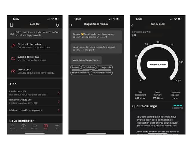Interface de l'onglet "Aide" de l'application SFR & Moi 