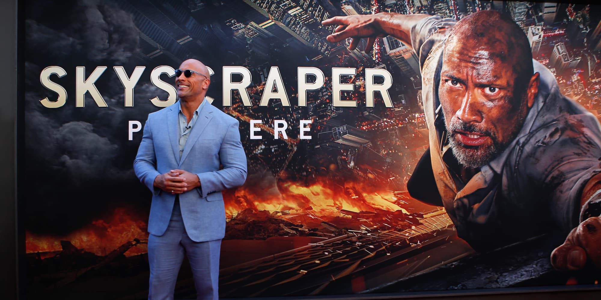 L'acteur américain Dwayne "The Rock" Johnson, ancien catcheur, à la première du film Skyscraper, en juillet 2018, à New-York.