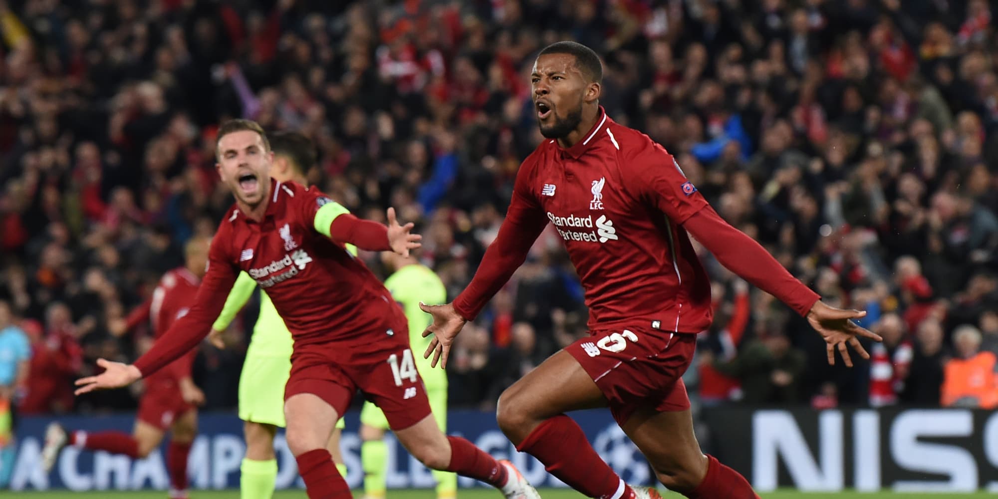 Gini Wijnaldum vient de marquer durant l'incroyable remontada de Liverpool face au FC Barcelone (4-0)