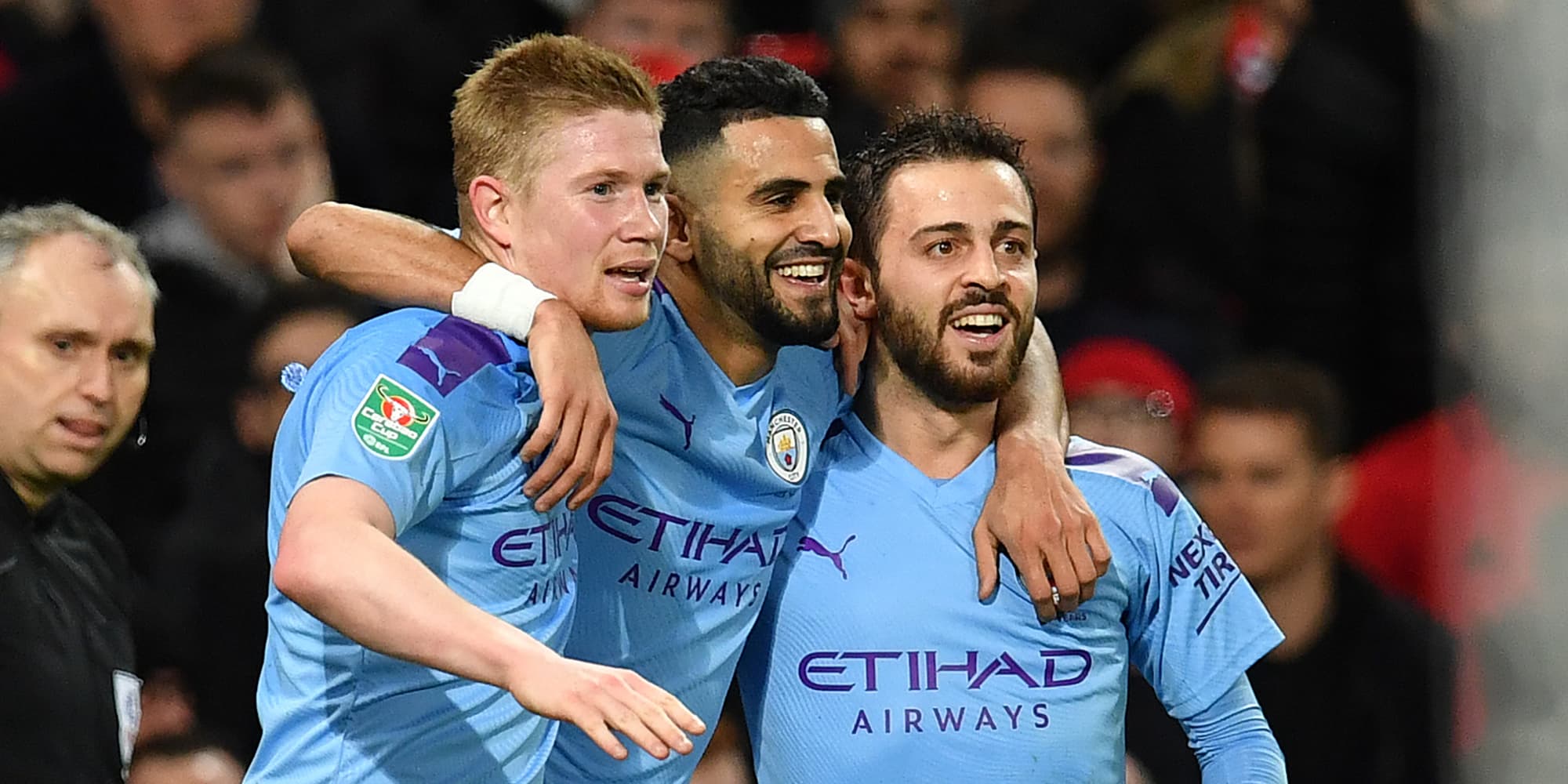 De Bruyne, Mahrez et Bernardo Silva lors de Manchester United - Manchester City, le 7 janvier 2020