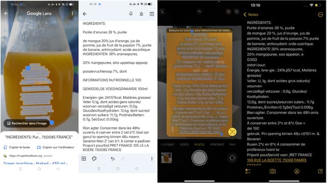 Exemple de retranscriptions sur une même étiquette : l'application Google Lens à gauche (sur fond blanc), Live Text à droite (sur fond noir).
