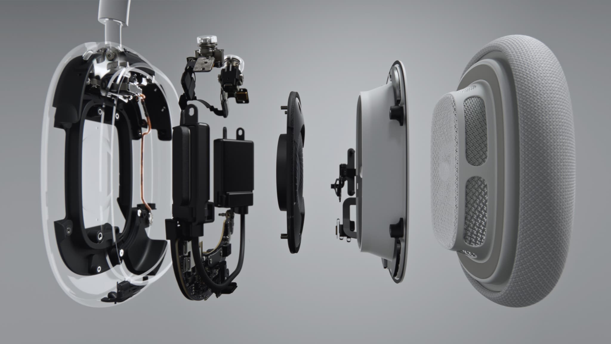 Sur l'AirPods Max, Apple promet "une conception acoustique unique avec un transducteur dynamique de 40 mm et deux moteurs à aimant néodyme torique".