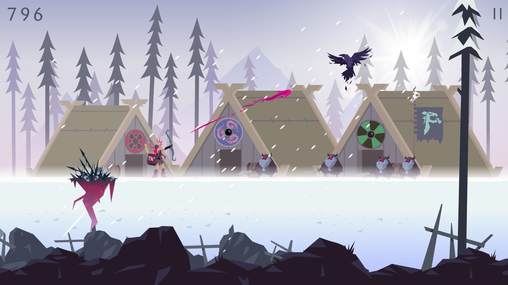 L’un des personnages de Vikings: an Archer's Journey, tirant une flèche explosive sur un corbeau. L’un des personnages de Vikings: an Archer's Journey, tirant une flèche explosive sur un corbeau.
