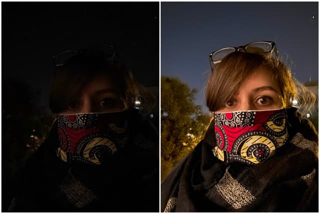 Exemple de selfies en pleine nuit : cliché instantané à gauche, photo prise avec une pose longue (10 secondes) à droite. Pas de flash, ni de retouche !