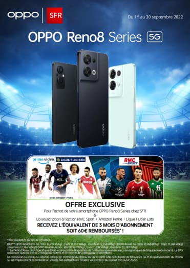 Du 1er au 30 septembre, 3 mois d'abonnement remboursés sur le pack RMC Sport + Prime Video + Pass Ligue 1 pour tout achat d'un smartphone de la série OPPO Reno8