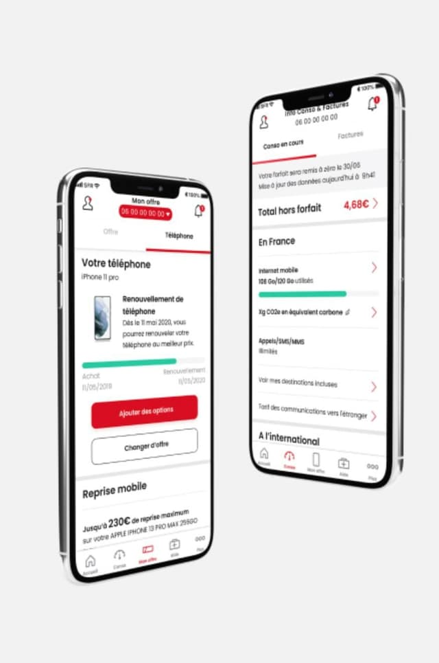 Interface des onglets Accueil et Conso de l'application SFR & Moi pour une ligne mobile