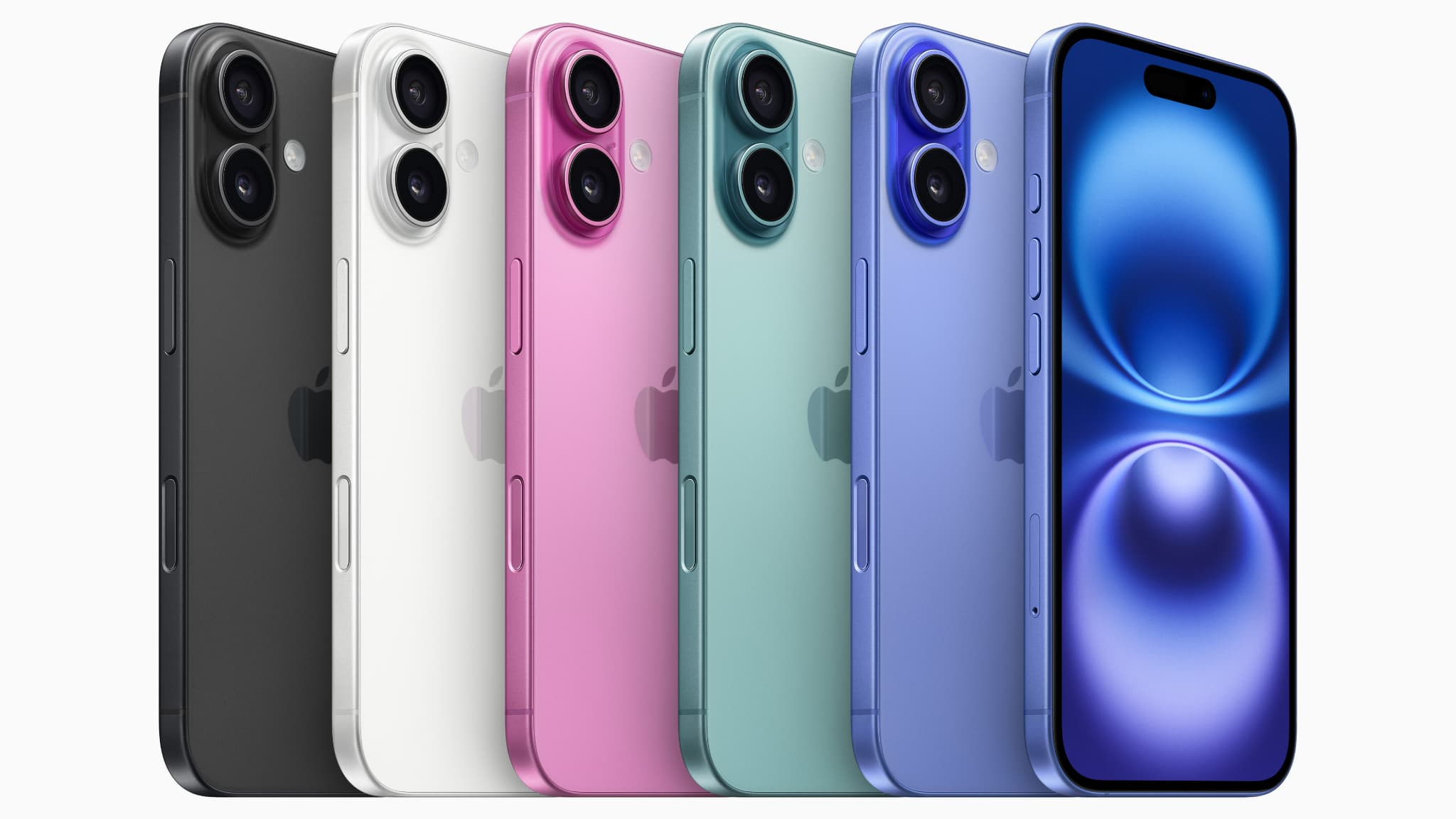 L'iPhone 16 dans ses coloris Noir, Blanc, Rose, Sarcelle et Outremer.