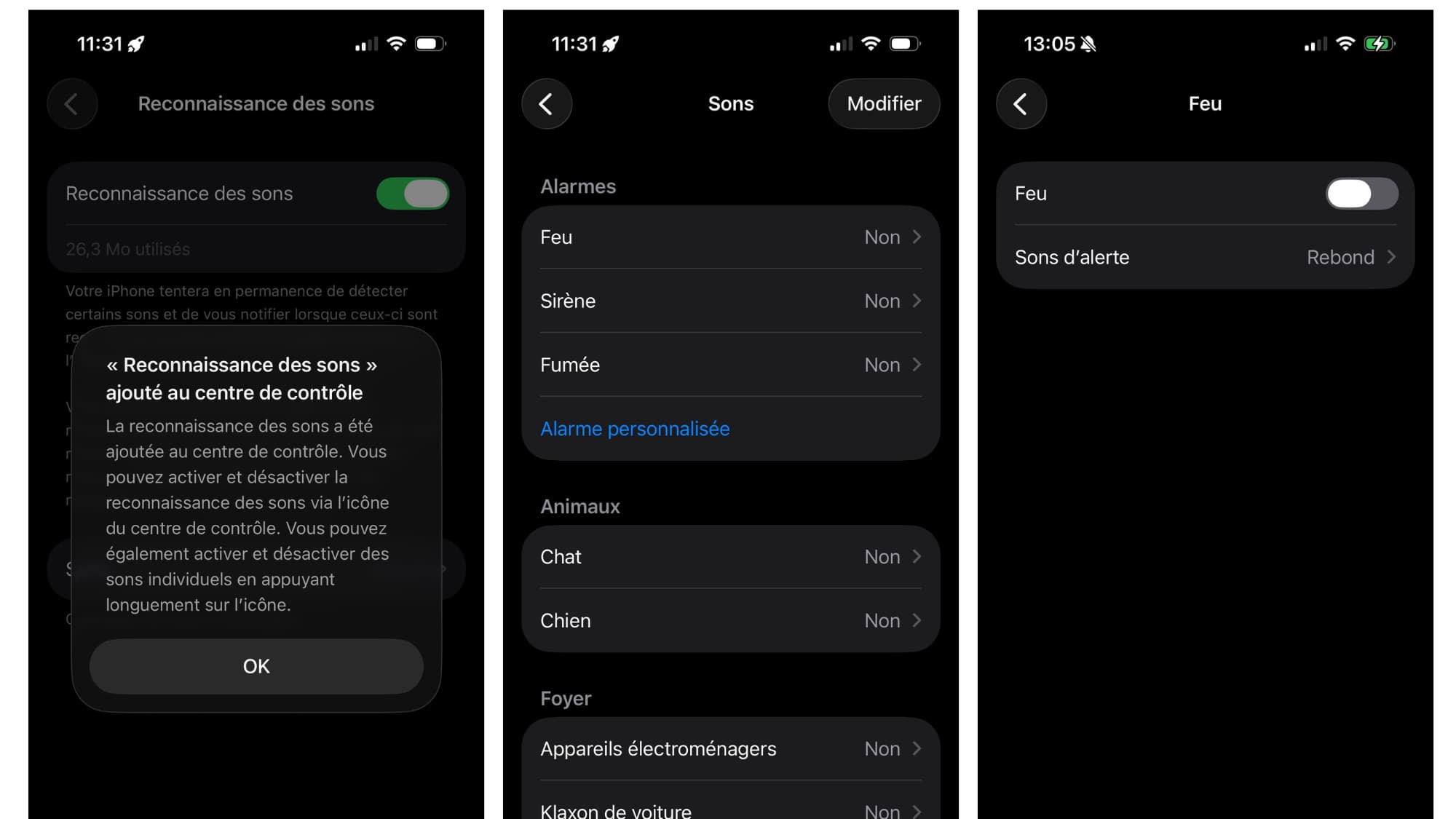 Voici les différentes étapes pour activer la reconnaissance des sons. 