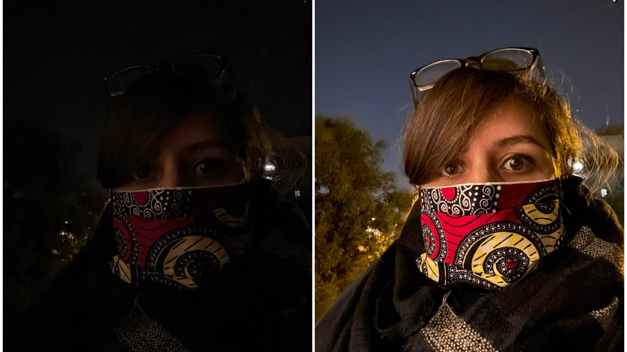Exemple de selfies en pleine nuit : cliché instantané à gauche, photo prise avec une pose longue (10 secondes) à droite. Pas de flash, ni de retouche ! Exemple de selfies en pleine nuit : cliché instantané à gauche, photo prise avec une pose longue (10 secondes) à droite. Pas de flash, ni de retouche !