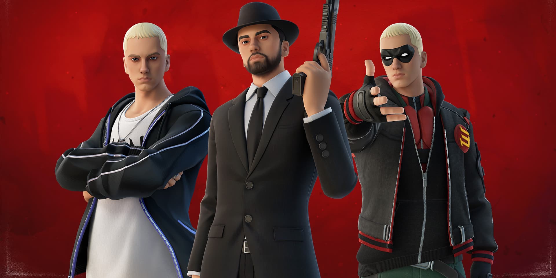 Les tenues ''Rap Boy'', ''Slim Shady'' et ''Marshall'', dévoilées à l'occasion du concert d'Eminem sur Fortnite. 