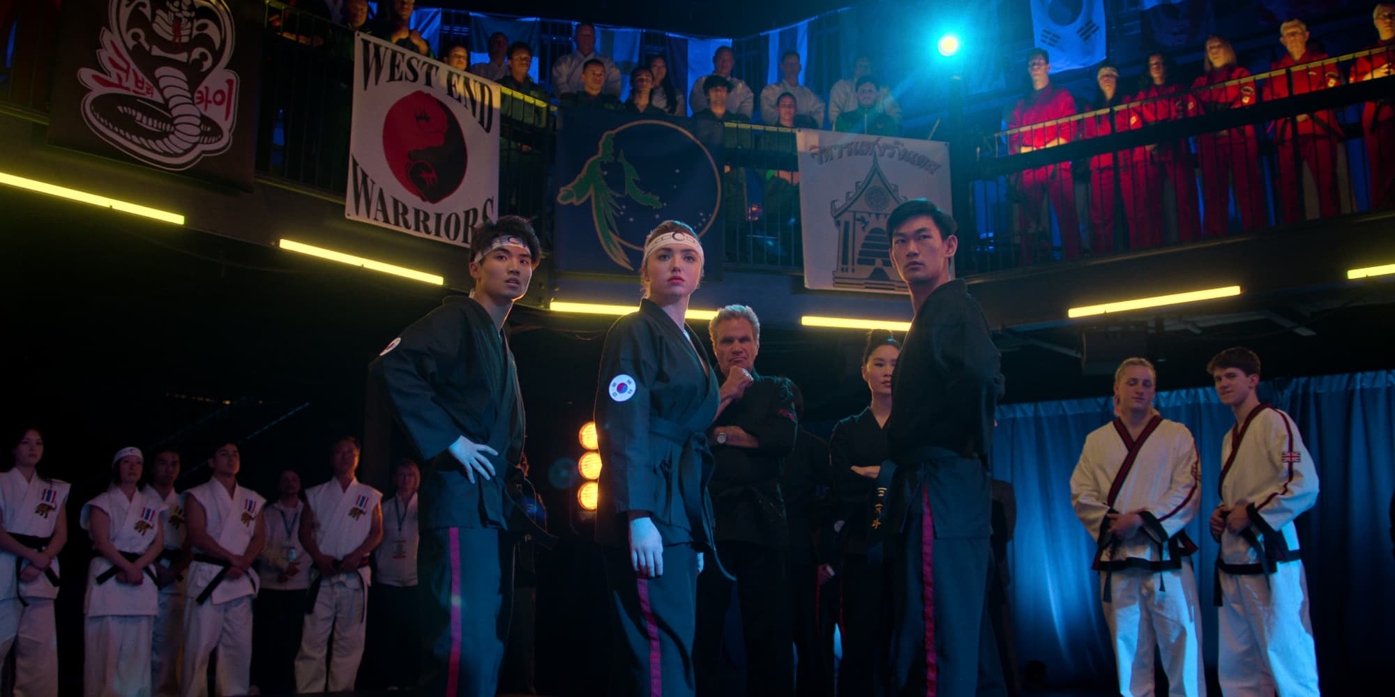 Retrouvez Kwon, Tory Nichols, John Kreese, Kim Da-Eun et Yoon, prochainement dans la partie 3 de la saison 6 de "Cobra Kai" sur Netflix.