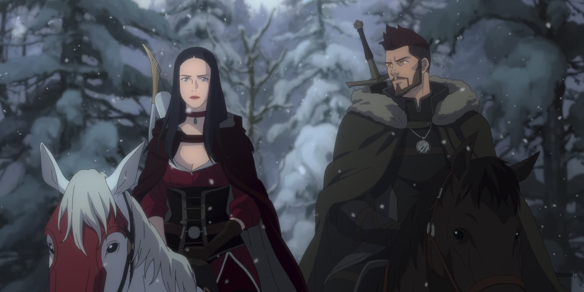 Tetra et Vesmir à cheval dans The Witcher : Le Cauchemar du Loup