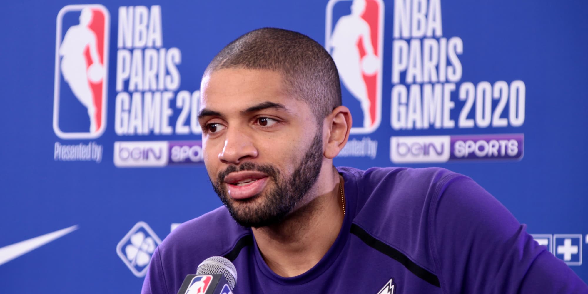 Nicolas Batum en conférence de presse, à l'AccorHotels Arena pour le NBA Paris Game, le 23 janvier 2020.
