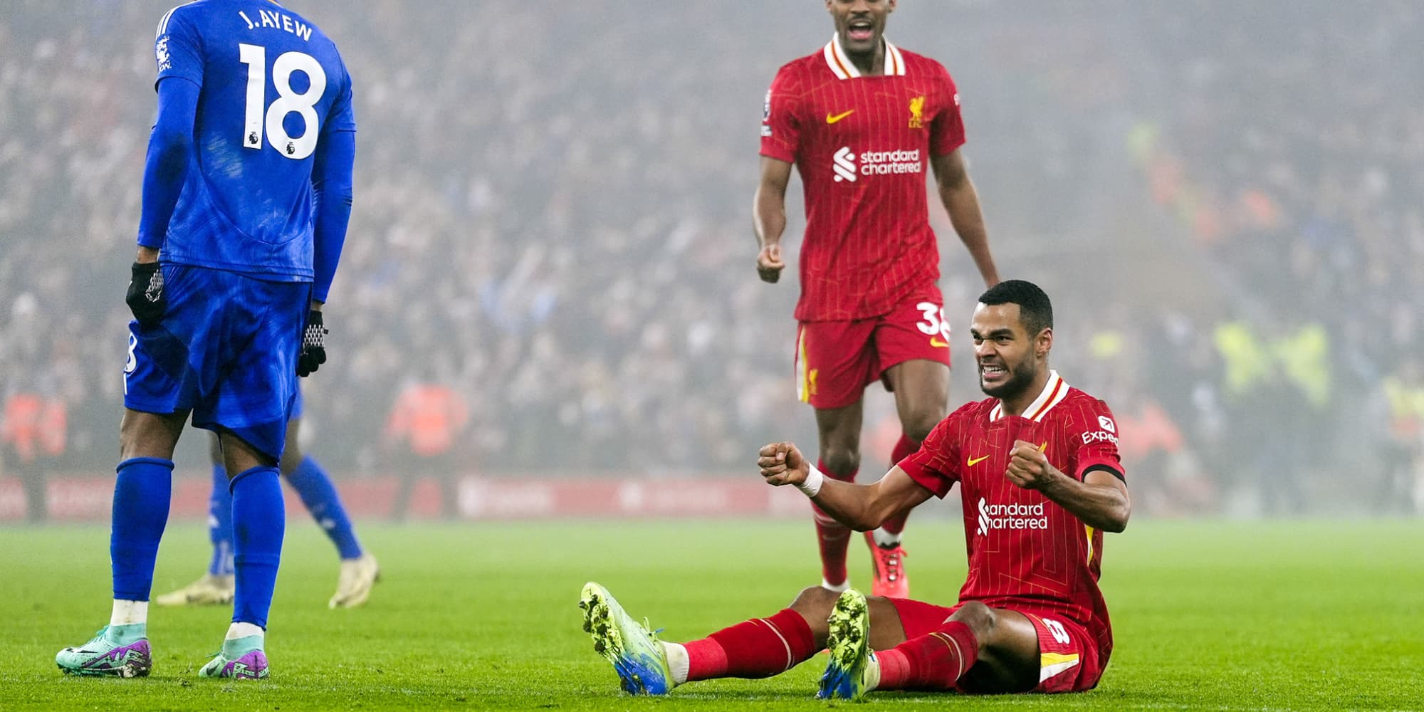 Cody Gakpo, joueur de Liverpool, célèbre le premier but de son équipe lors du match de Premier League à Anfield, face à Leicester, lors du Boxing Day 2024.
