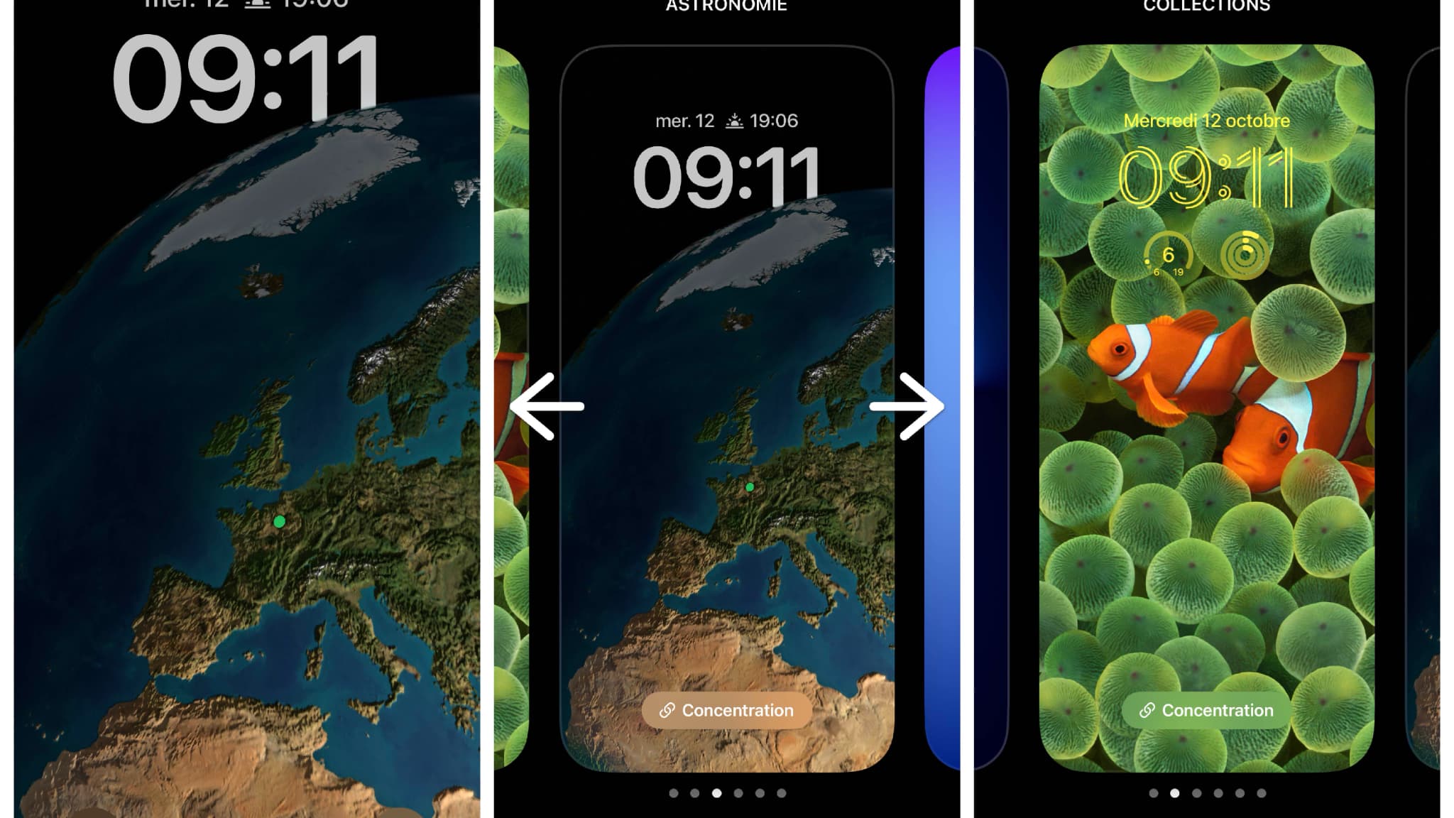 Appuyez longuement sur votre écran verrouillé : vous pourrez alors en choisir un autre en swipant sur les côtés, en créer un nouveau en cliquant sur le bouton "+", et les customiser à tout moment via le bouton "Personnaliser".
