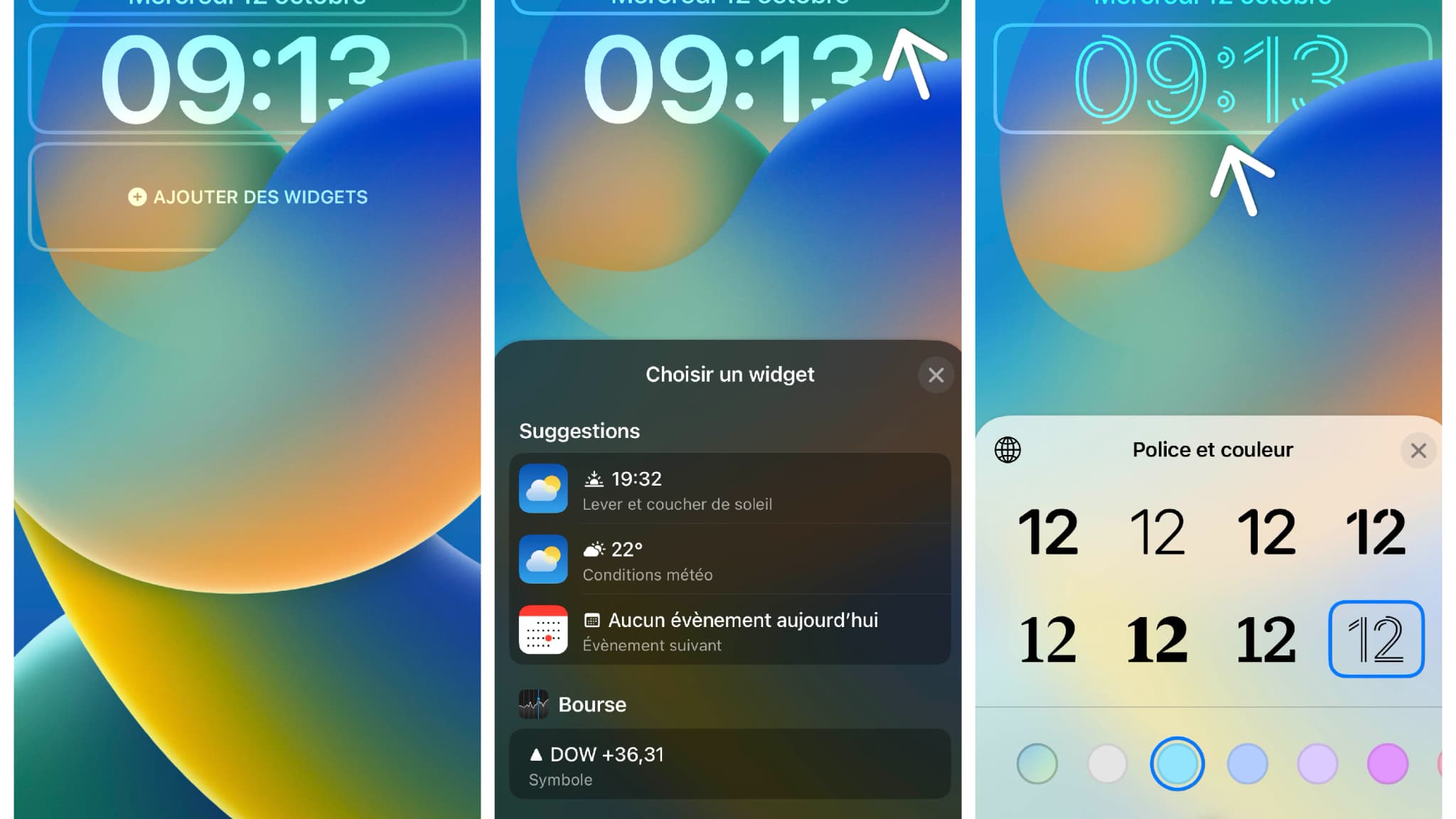 Voici le mode de personnalisation de l'écran verrouillé. Il est tout d'abord possible de modifier l'information se trouvant en première ligne : cliquez sur la date, indiquée par défaut, et choisissez un autre widget. Puis en tapotant sur l'heure, vous pourrez changer son aspect.