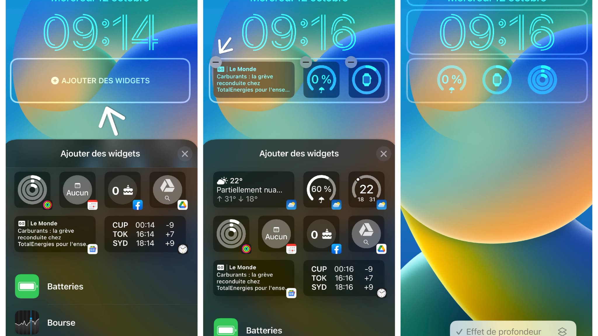 Appuyez sur la barre "Ajouter des widgets" pour en sélectionner jusqu'à trois ou quatre. Vous pourrez en supprimer si vous changez d'avis en cliquant sur le petit bouton "-". Une fois que vous avez fini de personnaliser votre écran verrouillé, tapotez sur le bouton "Ajouter" en haut à droite.