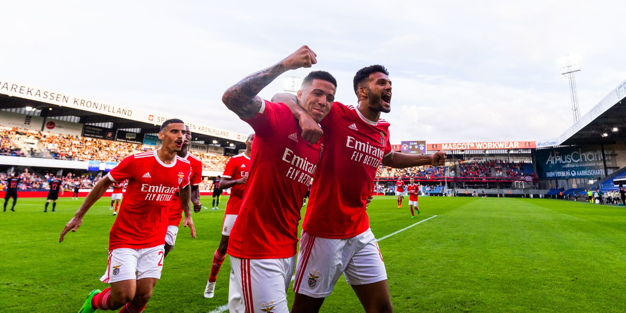 Les joueurs de Benfica lors de la qualification contre le FC Midtjylland en Ligue des Champions, le 9 août 2022 Cepheus Park de Randers, Danemark
