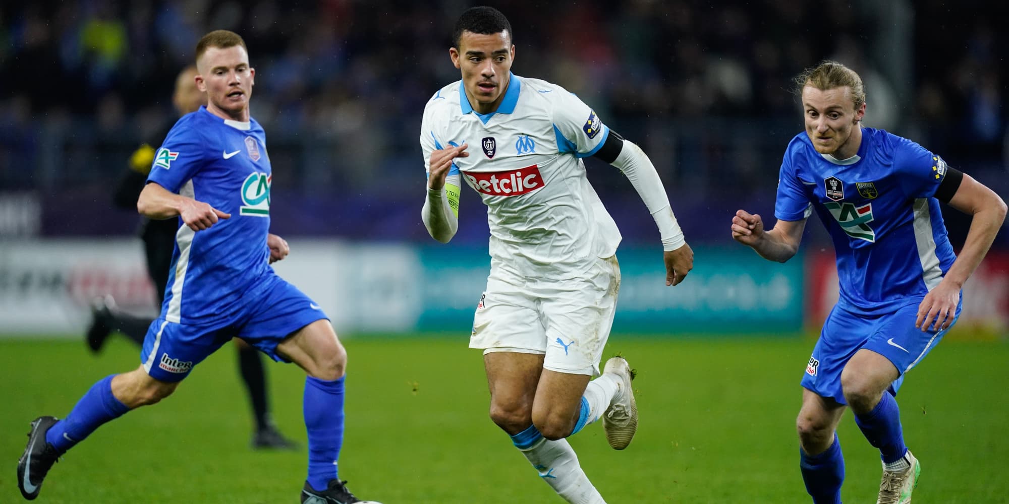 Mason Greenwood lors du match de Coupe de France entre Bayeux et Marseille au Stade Michel d'Ornano, le 13 janvier 2026 à Caen.
