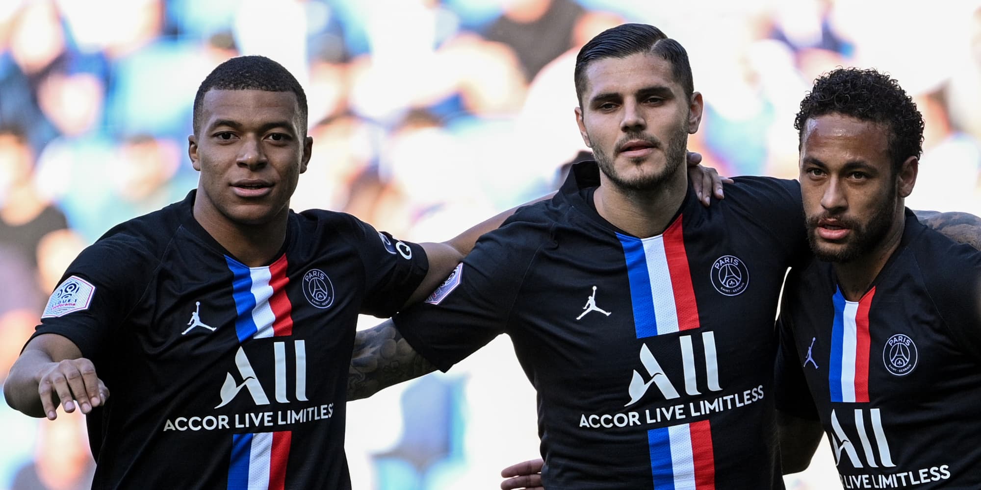 Kylian Mbappé, Mauro Icardi et Neymar lors du match amical entre le PSG et Le Havre, au stade Océane, le 12 juillet 2020.