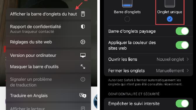 À gauche : comment modifier la disposition de la barre de navigation directement depuis Safari. À droite : comment modifier la disposition de la barre de navigation depuis les Réglages < Safari. À gauche : comment modifier la disposition de la barre de navigation directement depuis Safari. À droite : comment modifier la disposition de la barre de navigation depuis les Réglages < Safari.