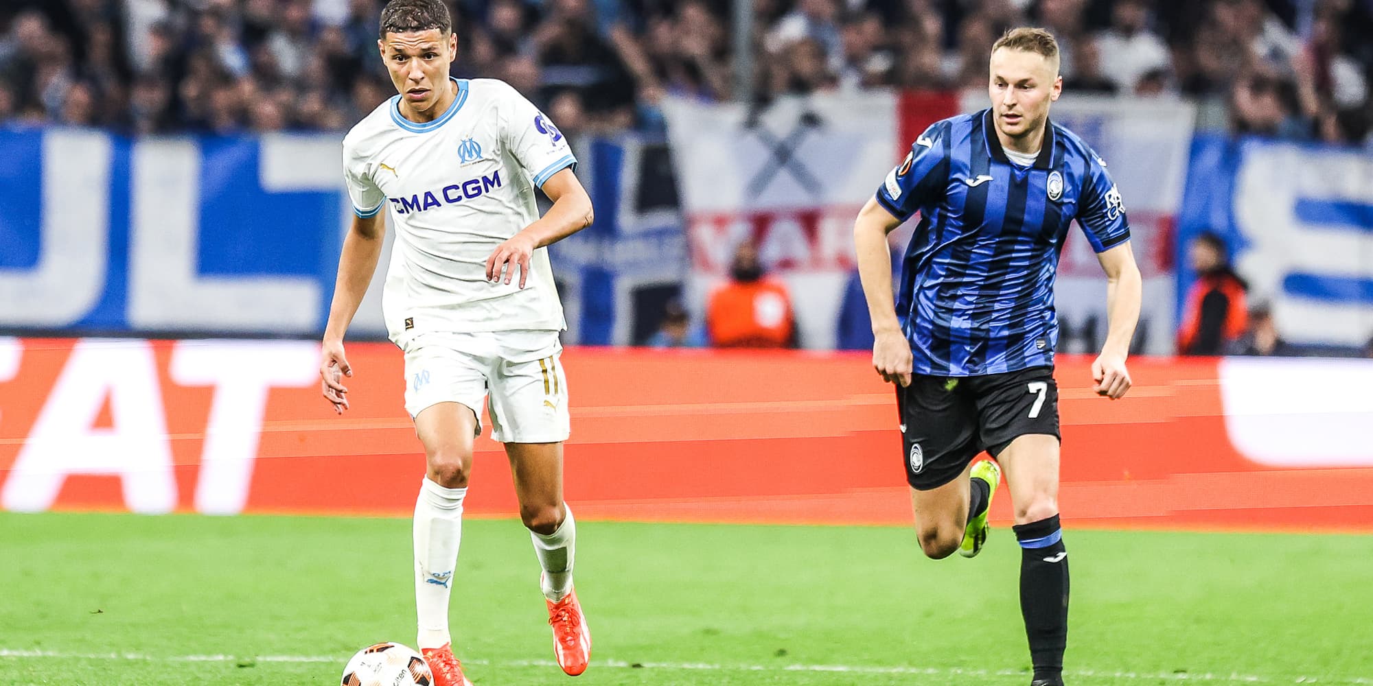 Amine Harit lors de la demi-finale aller de Ligue Europa entre l'OM et l'Atalanta, le 2 mai dernier au Vélodrome (Marseille).