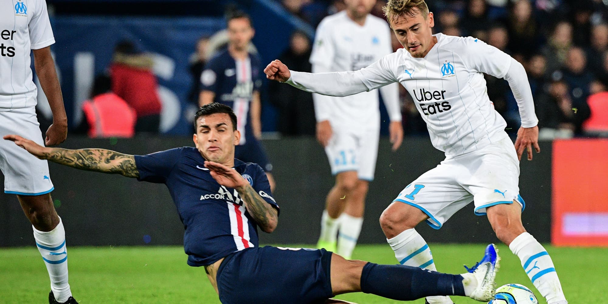 Les joueurs de l'OM et du PSG, ici lors de PSG-OM, le 27 octobre 2019 au parc des Princes
