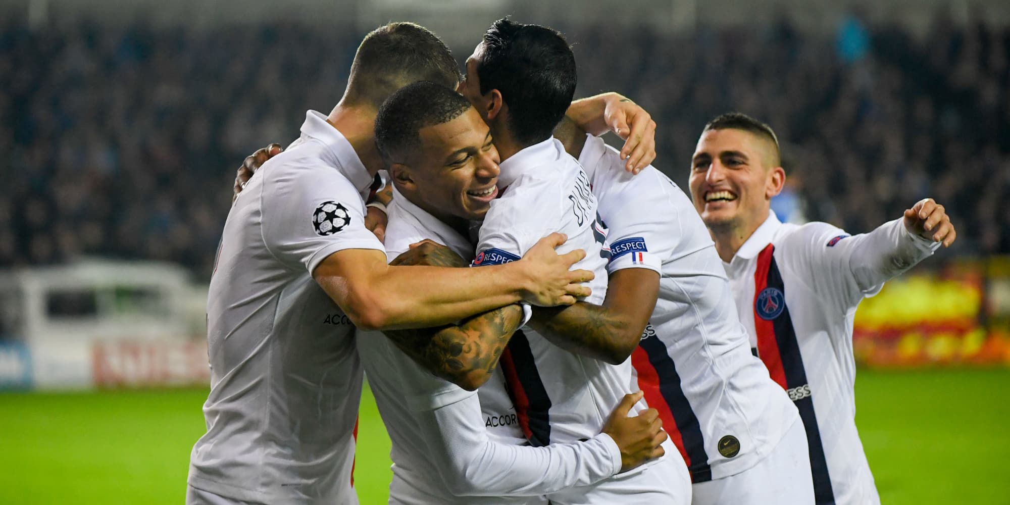 Les Parisiens célèbrent le retour de Kylian Mbappé lors du match Club Bruges - PSG, au stade Jan Berydel, le 22 octobre 2019.