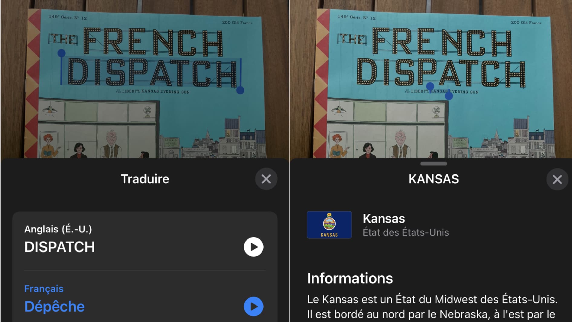 Live Text sait faire des traductions (à gauche : "Dispatch" signifie effectivement "Dépêche") et des recherches Internet (à droite : souligner le terme "Kansas" nous donne un aperçu de la page Wikipédia consacrée à cet État).