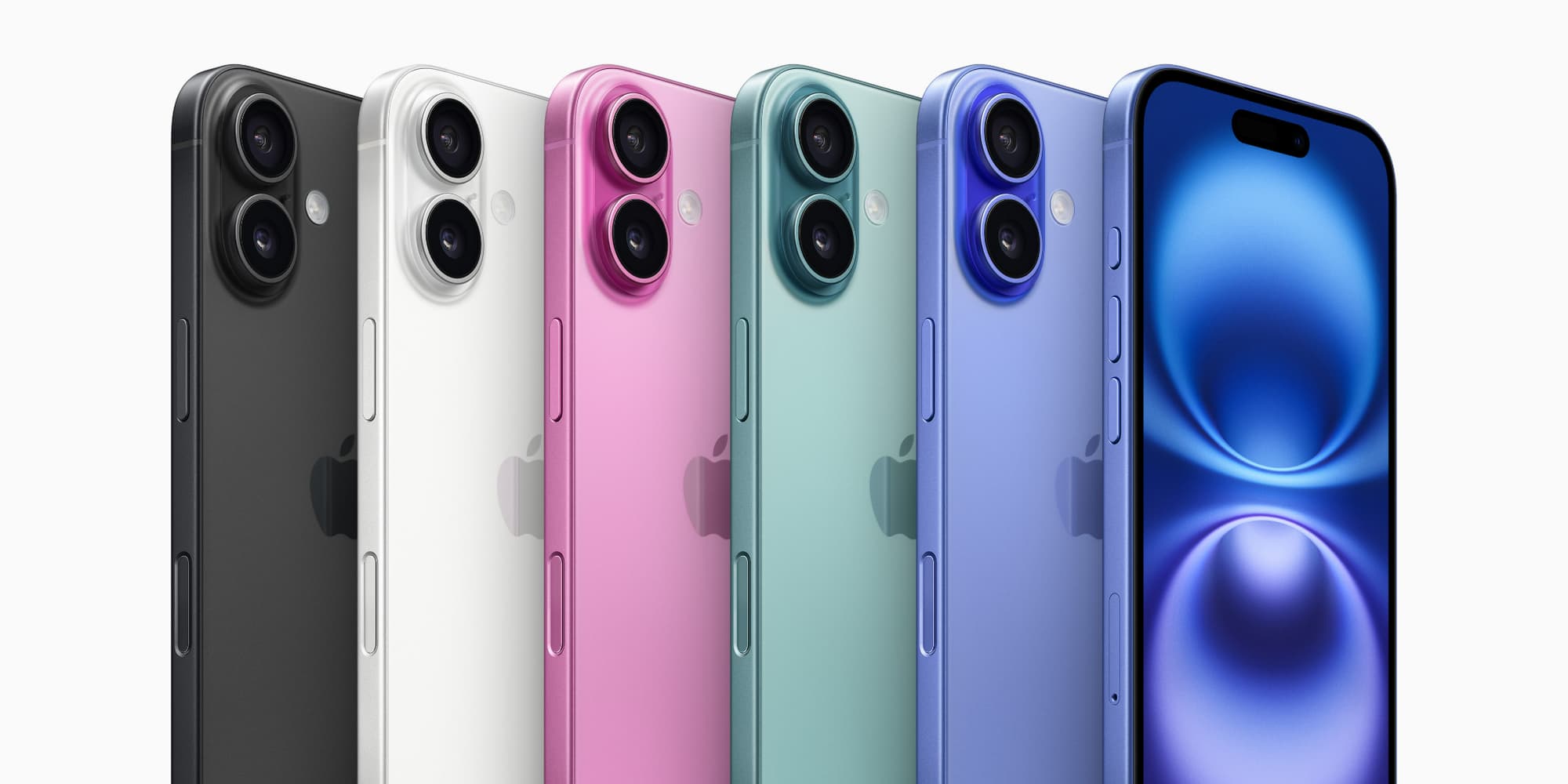 L'iPhone 16 dans ses coloris Noir, Blanc, Rose, Sarcelle et Outremer.