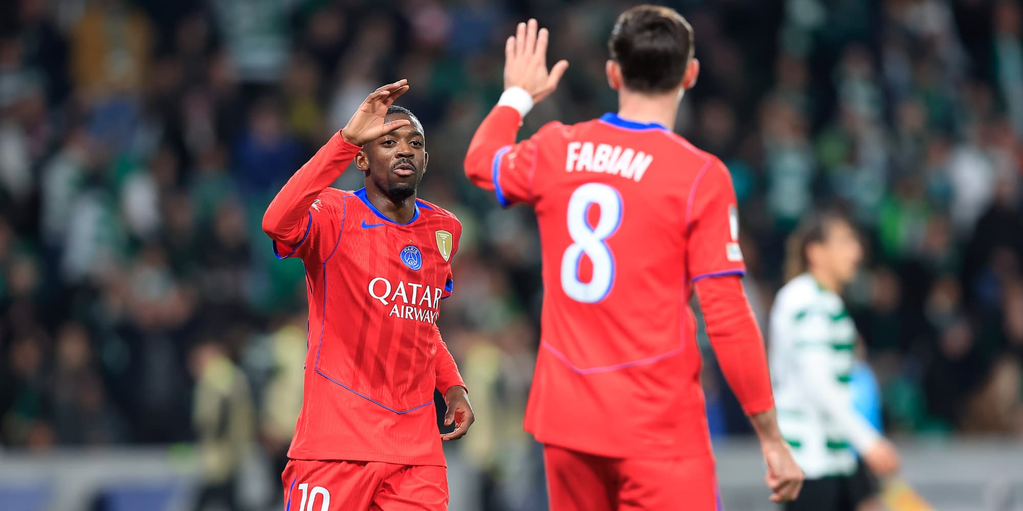 Ousmane Dembélé et Fabián Ruiz lors du match de Ligue des champions entre le Sporting et le Paris Saint-Germain, le 20 janvier 2026 à Lisbonne.