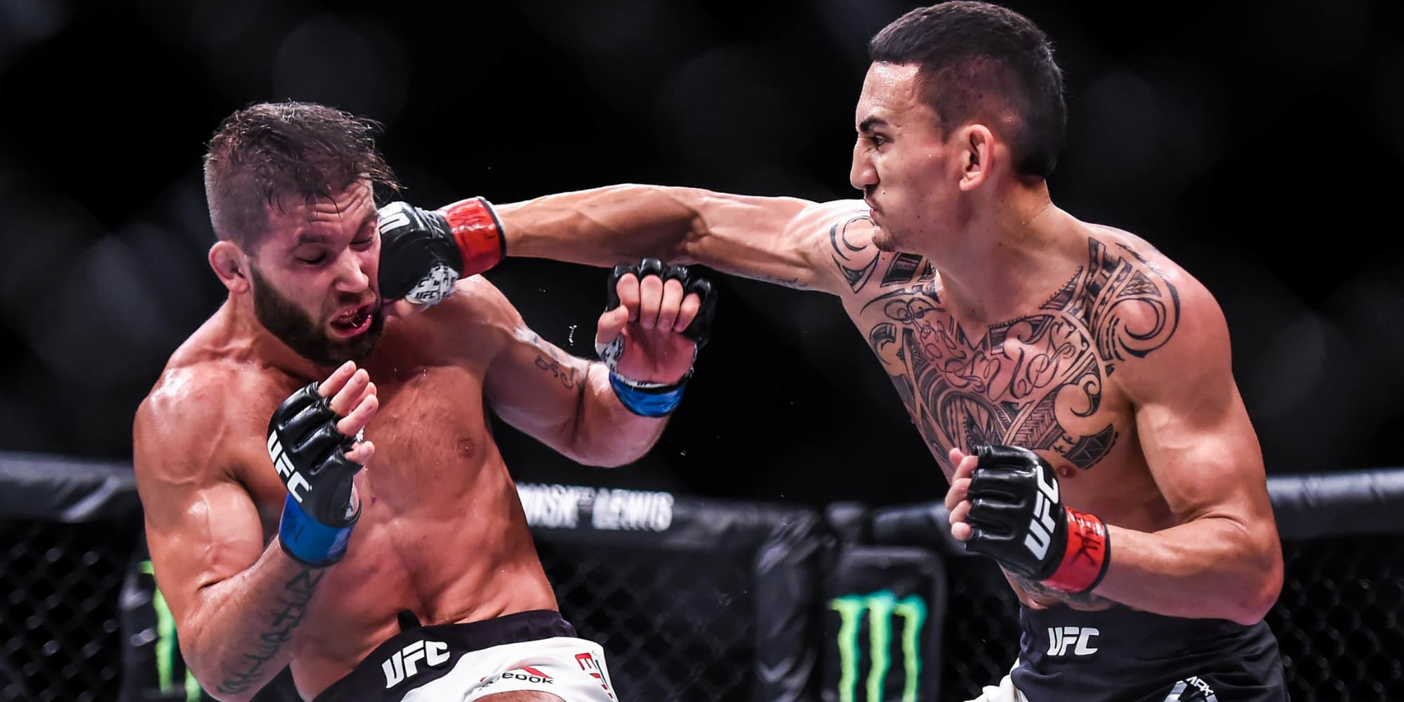 Max Holloway (gants rouges) face à Jeremy Stephens (gants bleus) lors de l'UFC 194, le 12 décembre 2015 à Las Vegas
