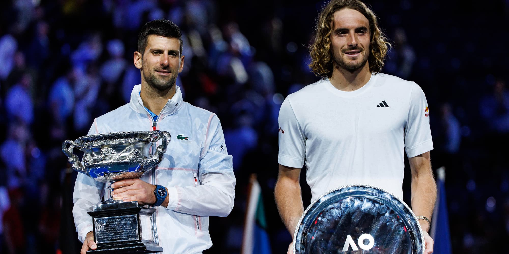 Novak Djokovic et Stefanos Tsitsipas, vainqueur et finaliste du dernier Open d'Australie, à Melbourne, le 29 janvier 2023.