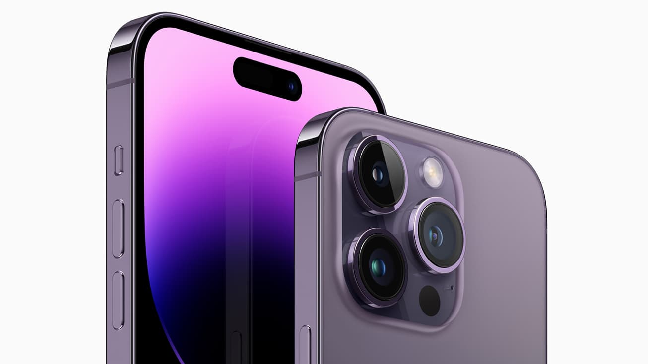 Les iPhone 14 Pro et iPhone 14 Pro Max, dans leur nouveau coloris "violet intense", avec le système de caméra TrueDepth en forme de pilule. Les iPhone 14 Pro et iPhone 14 Pro Max, dans leur nouveau coloris "violet intense", avec le système de caméra TrueDepth en forme de pilule.