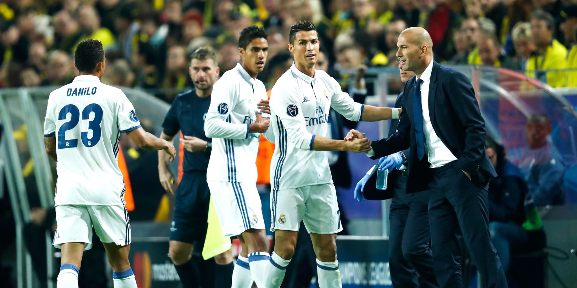 Danilo, Raphaël Varane, Cristiano Ronaldo et Zinédine Zidane lors d’un match de Ligue des Champions opposant le Real Madrid au Borussia Dortmund, le 27 septembre 2016 Signal Iduna Park.