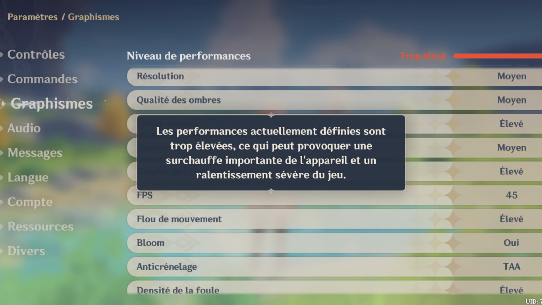 Le jeu nous indique bien que les paramètres à 45 FPS ne sont pas compatibles avec notre Google Pixel 8a Le jeu nous indique bien que les paramètres à 45 FPS ne sont pas compatibles avec notre Google Pixel 8a