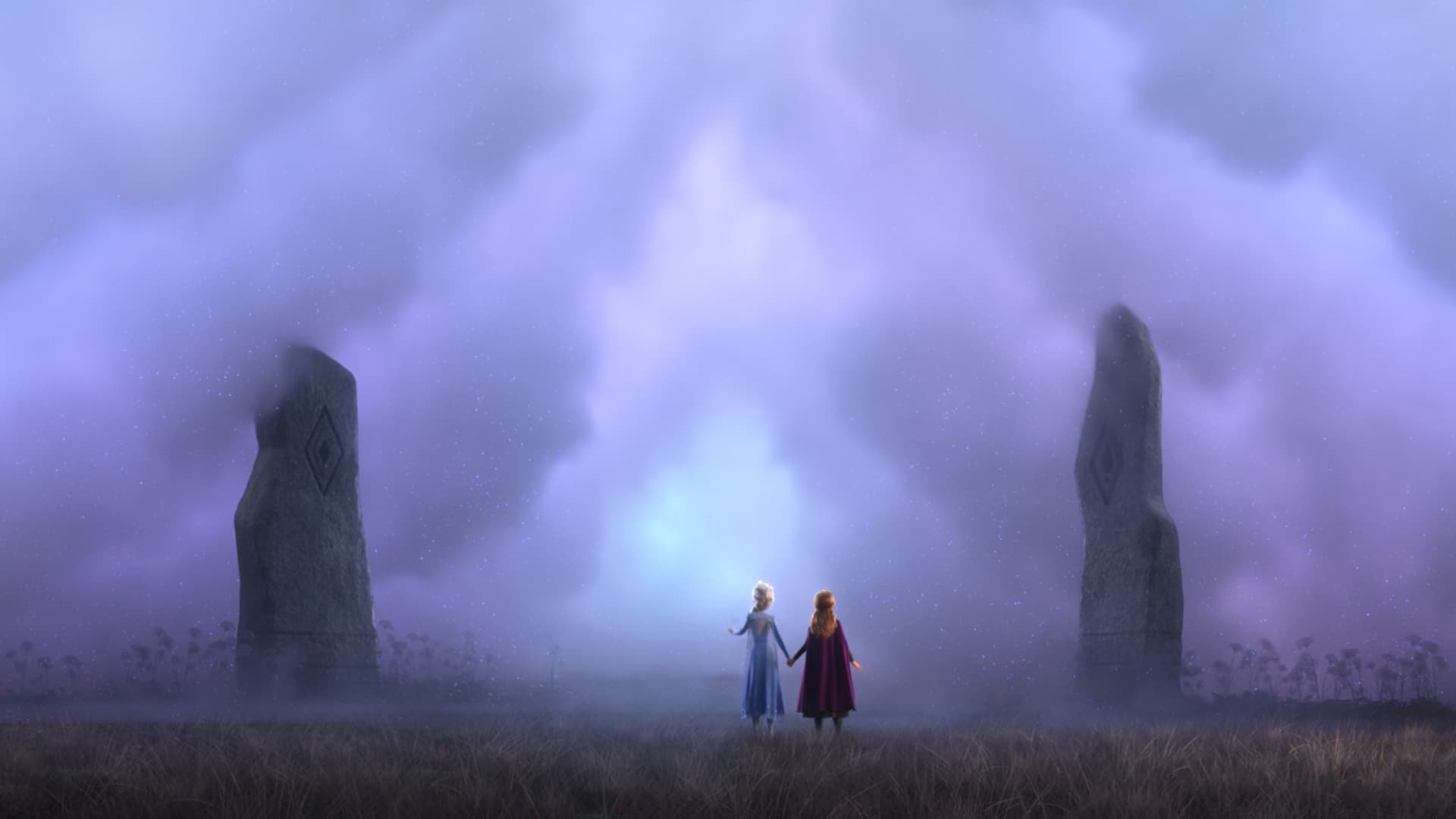 Elsa et Anna face au brouillard rose dans La Reine des Neiges 2