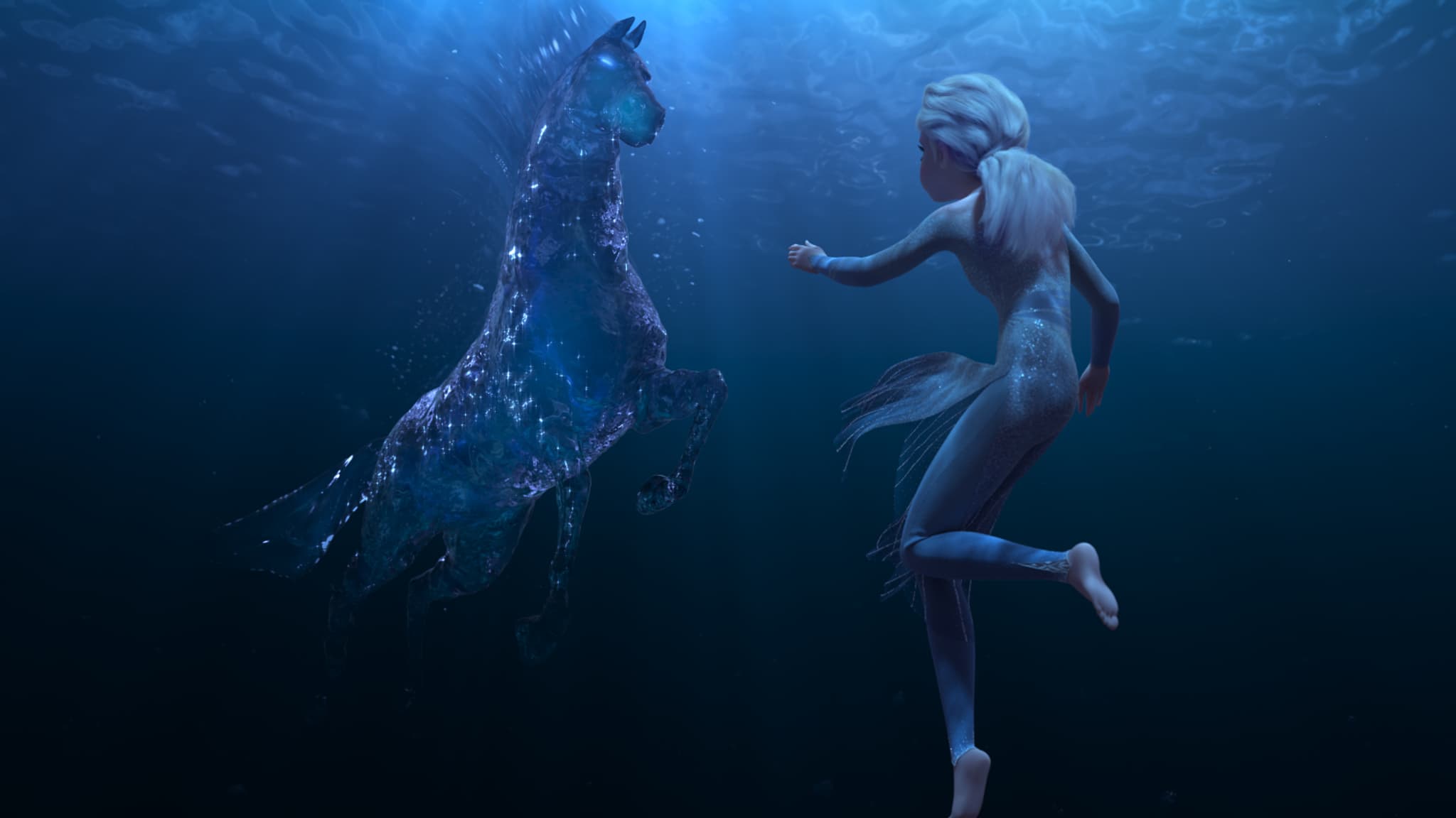 Elsa rencontre un Nokk, esprit de l'eau, dans La Reine des Neiges 2.