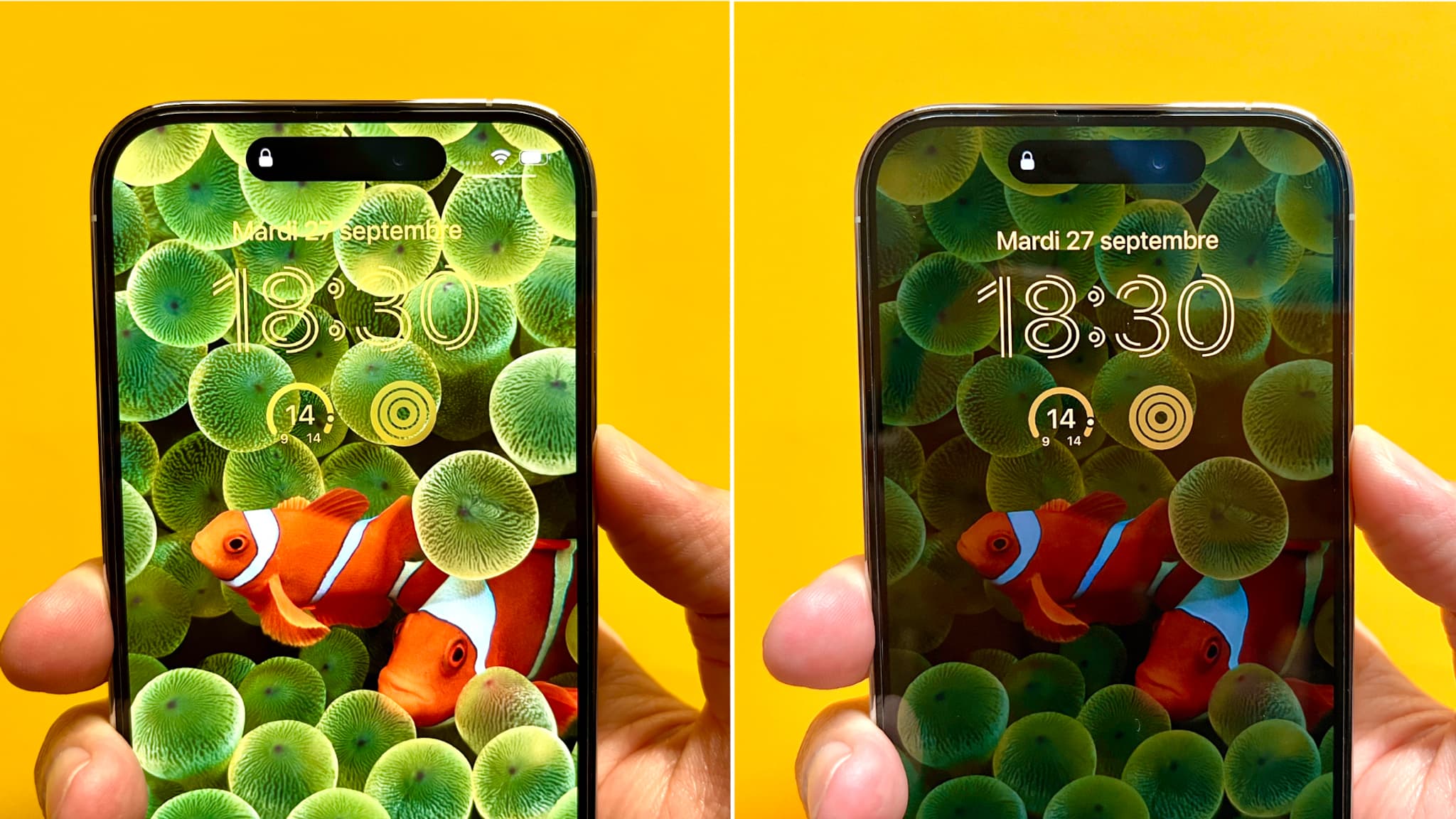 En mode Always-On, l'écran de l'iPhone 14 Pro reste toujours allumé, seulement assombri lorsqu'il est en veille. En mode Always-On, l'écran de l'iPhone 14 Pro reste toujours allumé, seulement assombri lorsqu'il est en veille.
