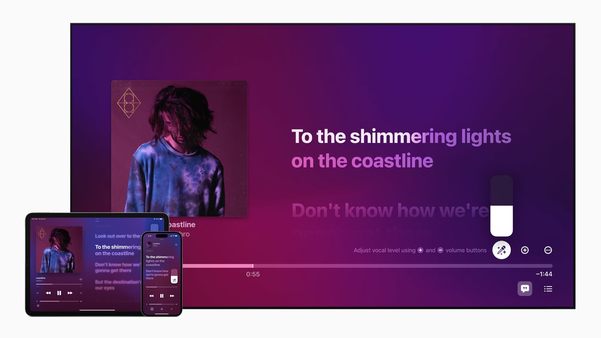 Avec Apple Music Sing, il est possible de baisser le volume de la voix du chanteur pour passer en mode karaoké, en suivant les paroles au rythme de la musique. Avec Apple Music Sing, il est possible de baisser le volume de la voix du chanteur pour passer en mode karaoké, en suivant les paroles au rythme de la musique.