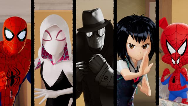 De gauche à droite, Miles Morales, Peter Parker,  Spider-Gwen, Spider-Man Noir, Peni Parker et Peter Porker, les protagonistes du film Spider-Man : New Generation.