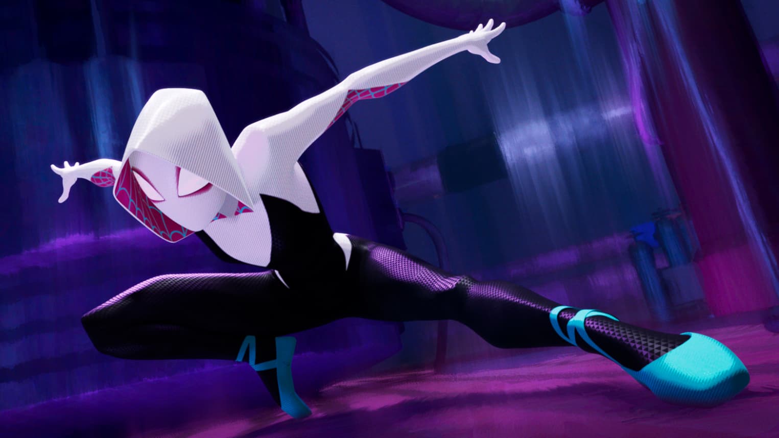 Spider-Gwen (doublée par Hailee Steinfield), dans le film Spider-Man : New Generation. Spider-Gwen (doublée par Hailee Steinfield), dans le film Spider-Man : New Generation.
