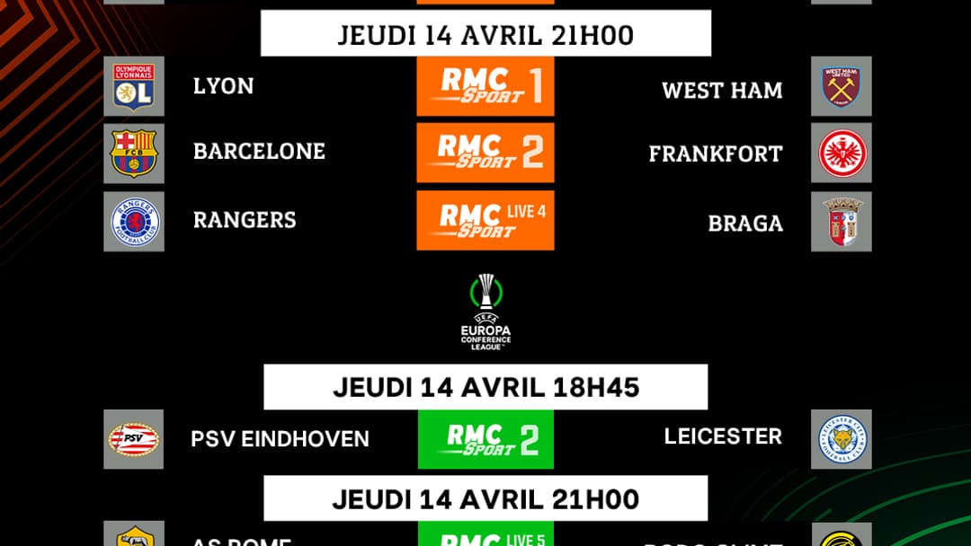 Le programme TV des quarts de finale de Ligue Europa et Ligue Europa Conférence sur RMC Sport Le programme TV des quarts de finale de Ligue Europa et Ligue Europa Conférence sur RMC Sport