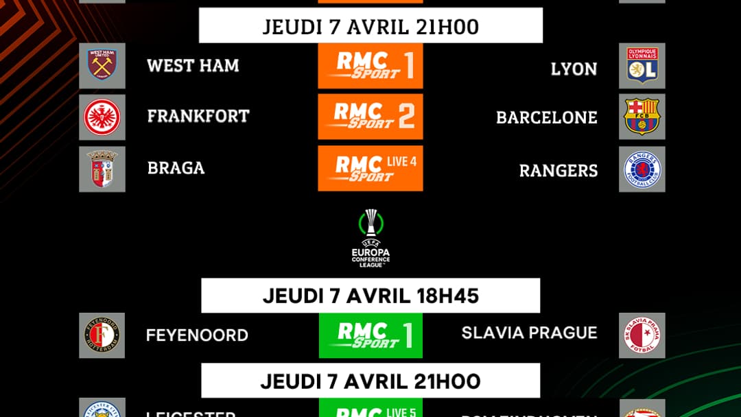 Le programme des quarts de finale de Ligue Europa et Ligue Europa Conférence sur RMC Sport Le programme des quarts de finale de Ligue Europa et Ligue Europa Conférence sur RMC Sport