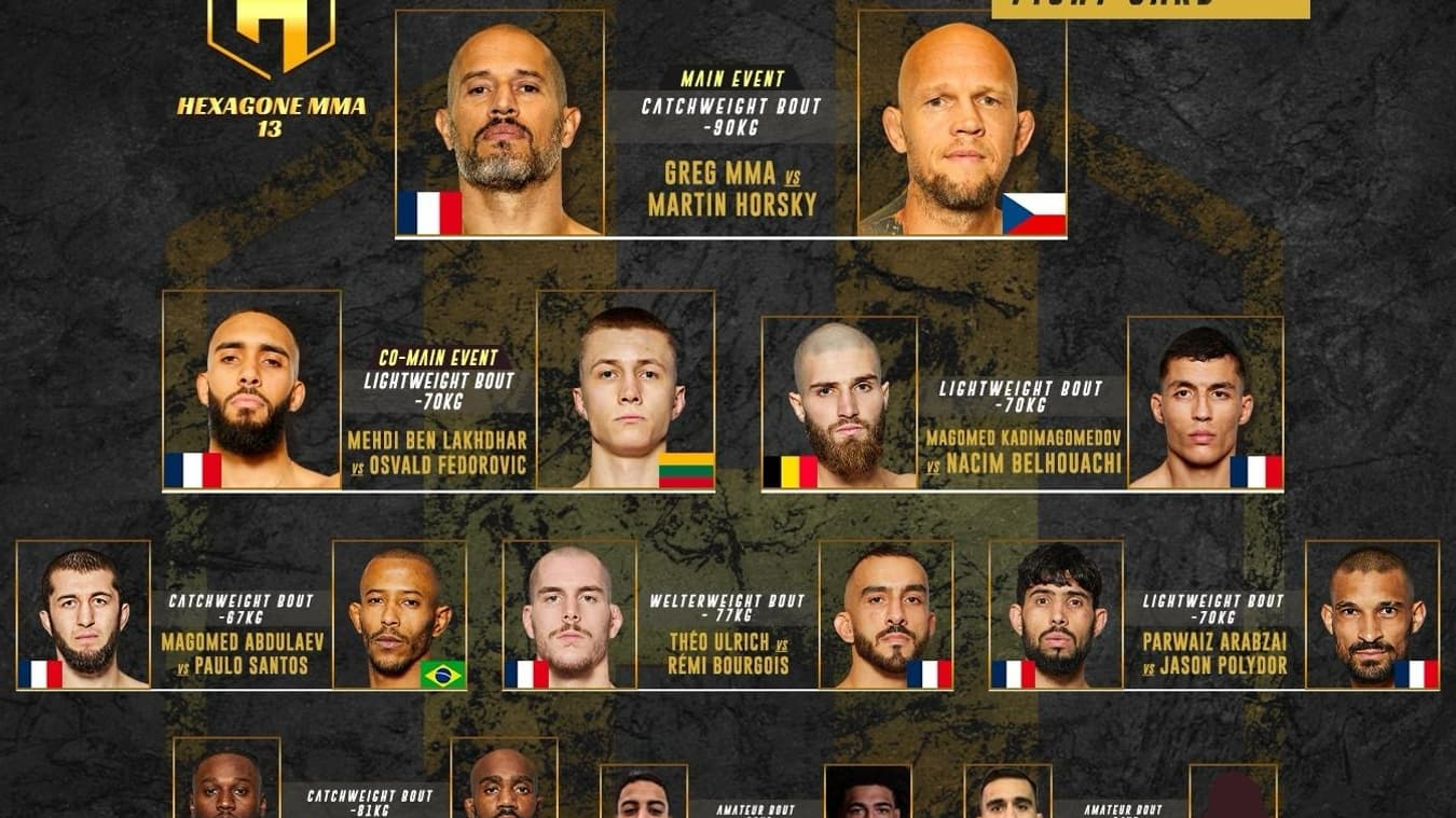 La carte de l'HEXAGONE MMA 13, à suivre sur RMC Sport 2. La carte de l'HEXAGONE MMA 13, à suivre sur RMC Sport 2.